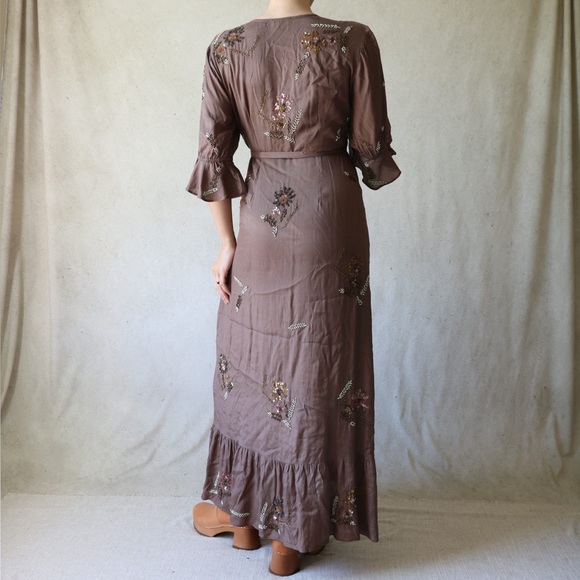 Anthropologie Let Me Be Beaded Sequined Wrap Dress in Dark Brown - Picture 5 of 7